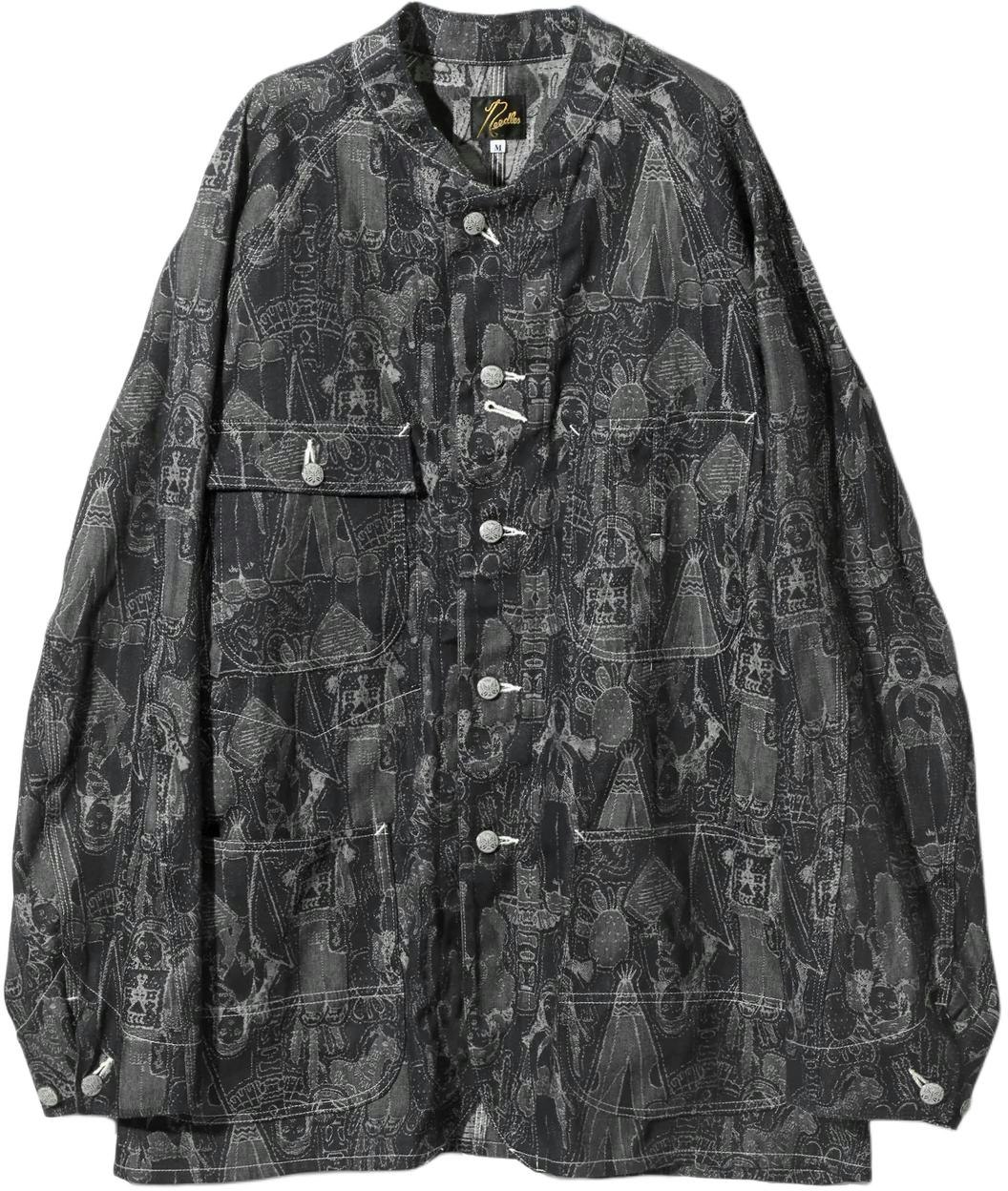 needles-washed-printed-denim-jacket-black-unisex-stand-collar-long-sleeve-ot-170