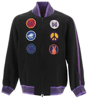 Needles Zipped Bomber Jacket Purple Embroidered Logo Casual Outerwear MR195000BLACK Needles Zipped Bomber Jacket Purple Embroidered Logo Casual Outerwear MR195000BLACK