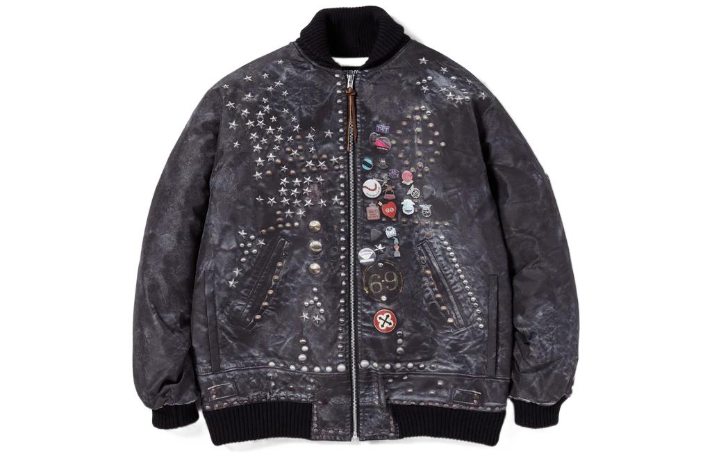 Order NEIGHBORHOOD FW22 鉚釘騎士外套 灰色 全版印花休閒拉鍊外套 222UTNH-JKM02