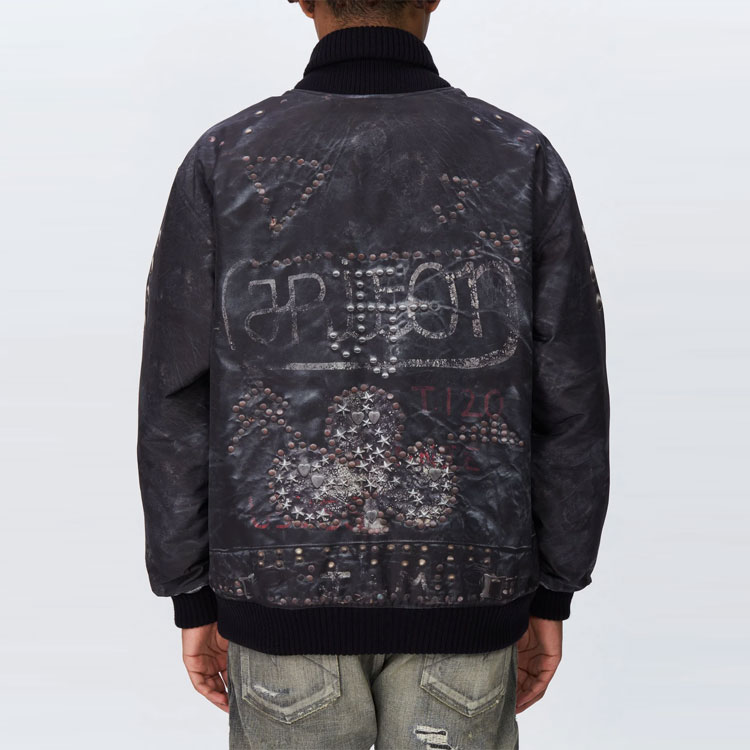 Details for NEIGHBORHOOD FW22 鉚釘騎士外套 灰色 全版印花休閒拉鍊外套 222UTNH-JKM02