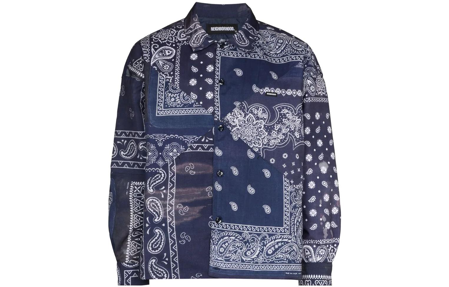 NEIGHBORHOOD SS22 Bandana Patchwork Long Sleeve Jacket Navy Blue  Shirt 212AQNH-SHM04NAVY