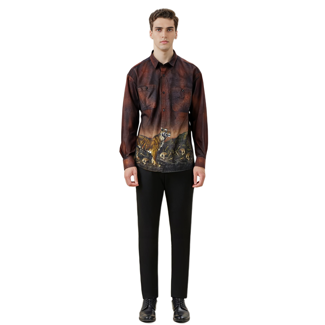 Cheap NEIGHBORHOOD SS22 男款墨虎印花长袖衬衫 222BENH-SHM01