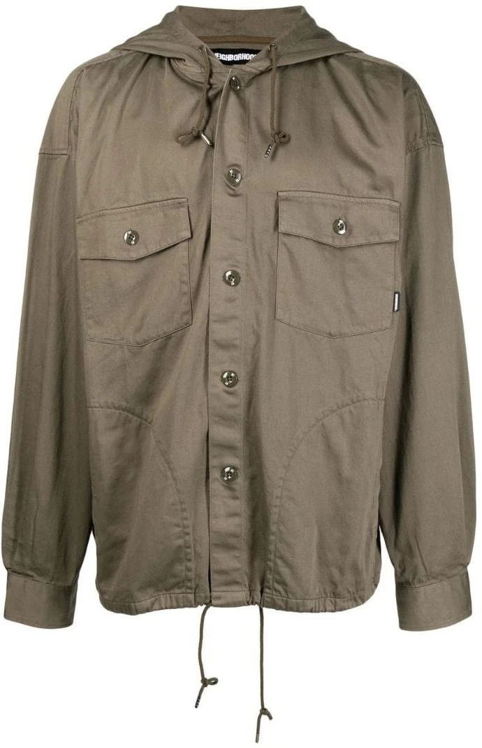 neighborhood-ss-22-khaki-single-breasted-hooded-jacket-long-sleeve-hoodedcshirtlsolive