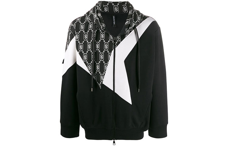 Neil Barrett Men’s Black Spliced Design Hooded Sweatshirt Jacket PBJS581CN506C1831