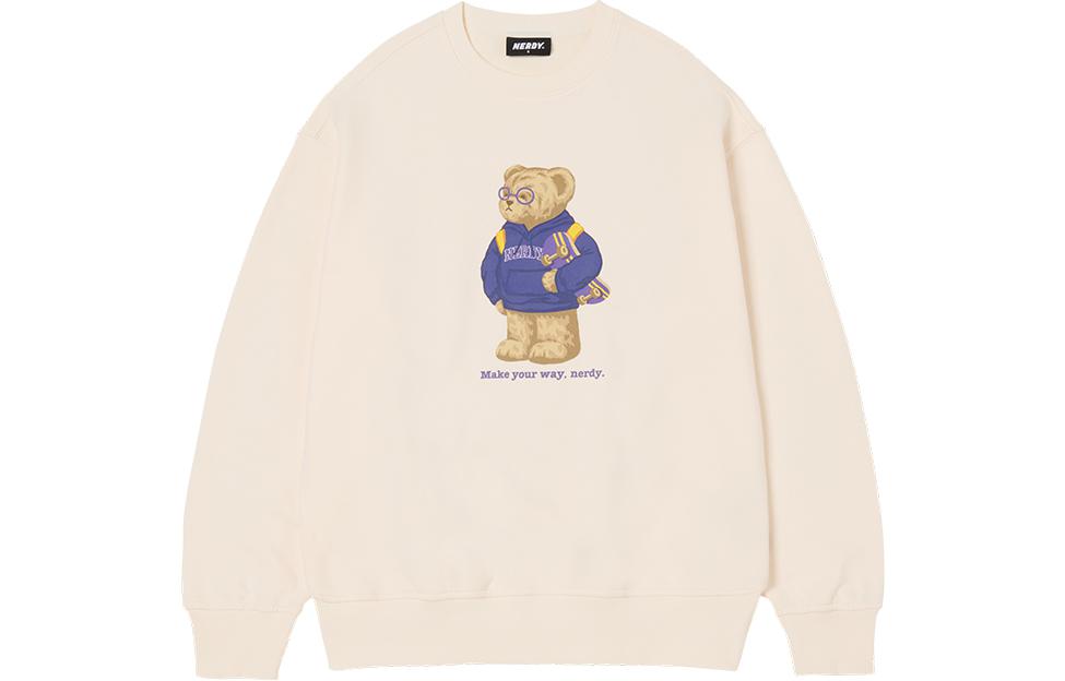 Nerdy Bear Graphic Crewneck Pullover Sweatshirt Unisex - Cream Color PNES23KC0502