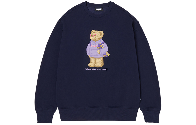 Nerdy Bear Graphic Crewneck Sweatshirt Unisex Deep Blue PNES23KC0516