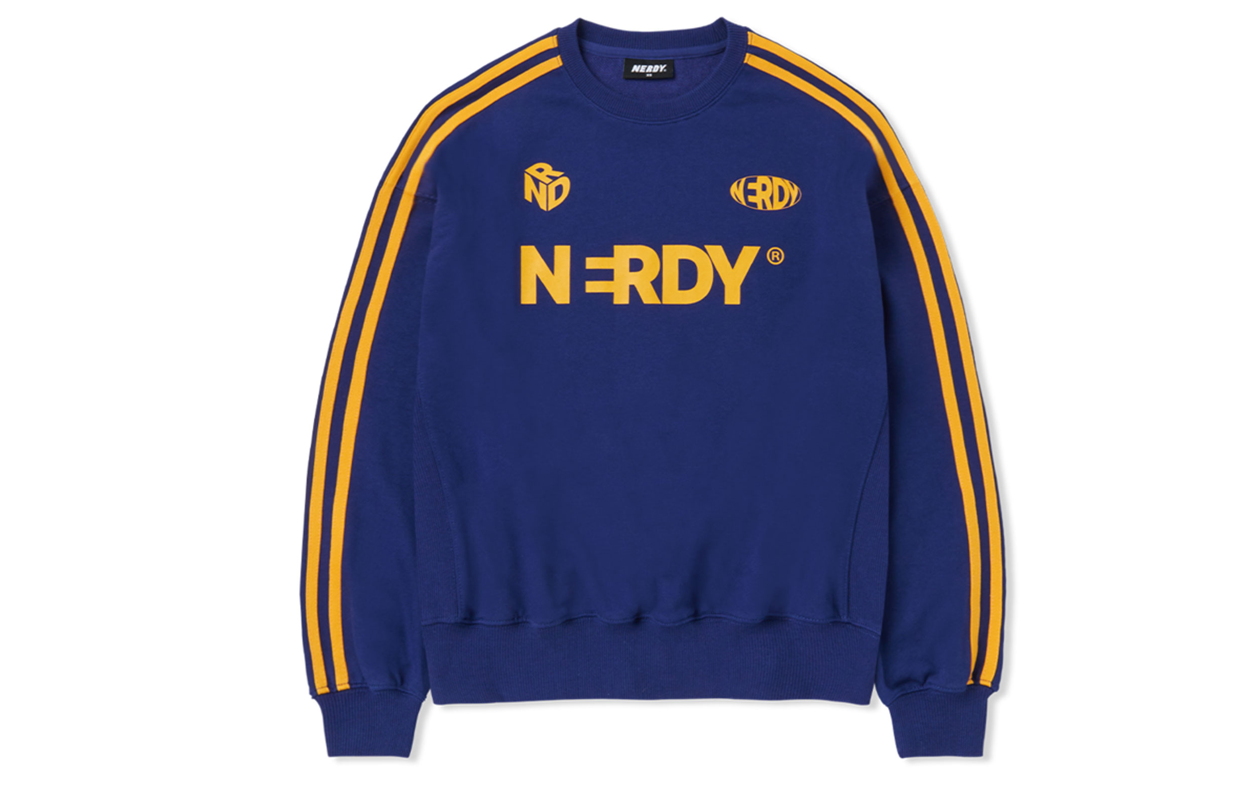 Nerdy BLENK SS23 Blue Pullover Sweatshirt with Sleeve Stripes & Letter Print. PNES23KC5716