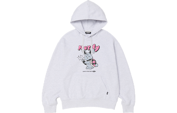 Nerdy Cartoon Rabbit Logo Print Loose Fit Hoodie Unisex - Cool White. PNES23KE0646-1