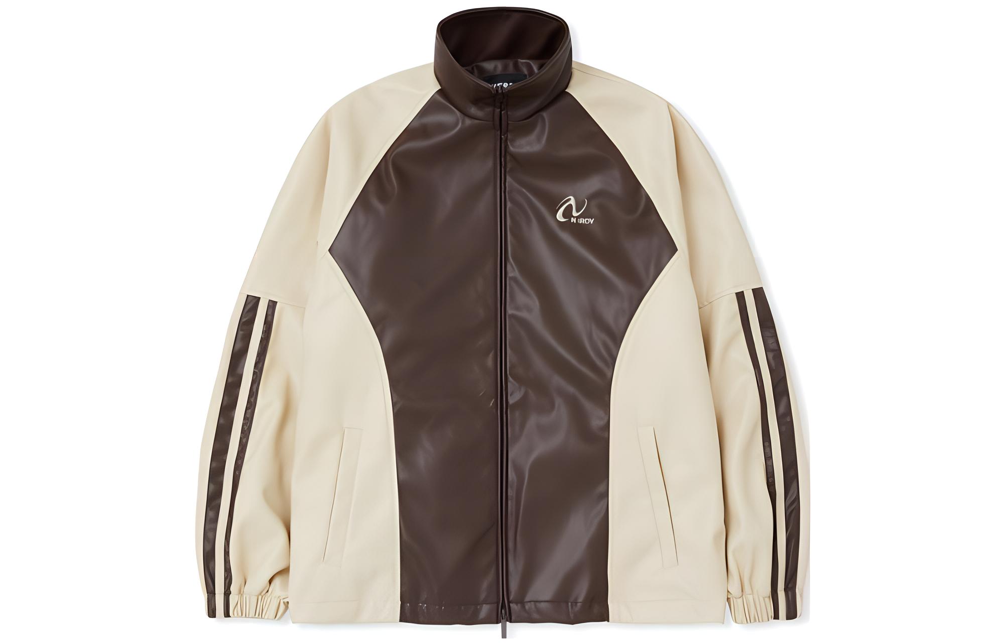 Nerdy Color Block Logo Print Stand Collar Jacket Brown Unisex PNEF23TR1341