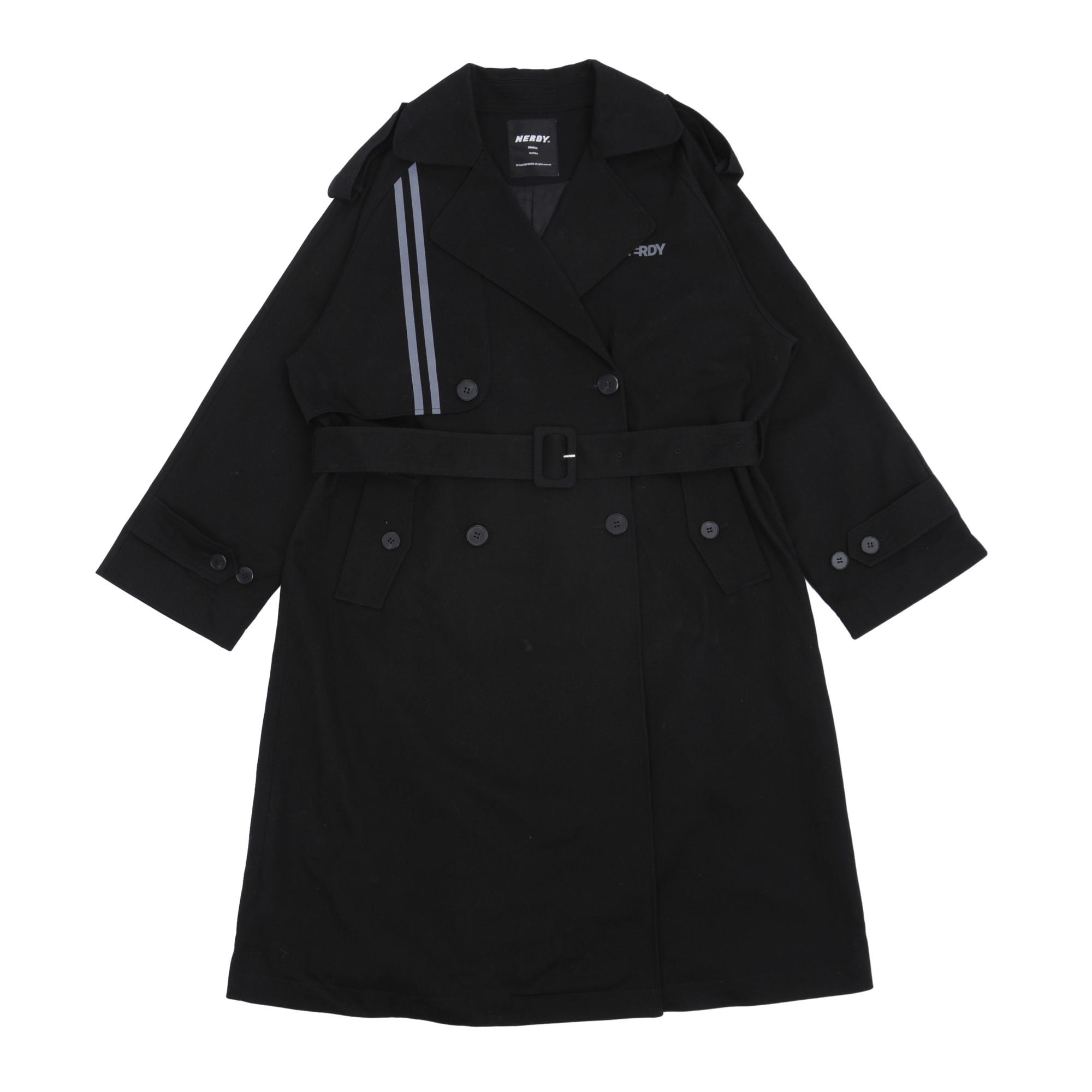 Nerdy Double-Breasted Striped Long Sleeve Trench Coat Unisex Black PNEQ23JK0301