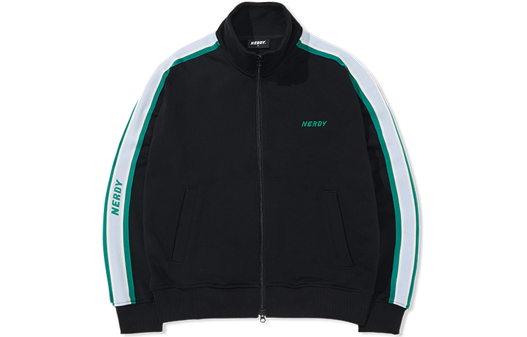 Nerdy FW22 Black Retro Logo Tape Print Oversized Jacket Unisex Casual Style PNEF22KA0301