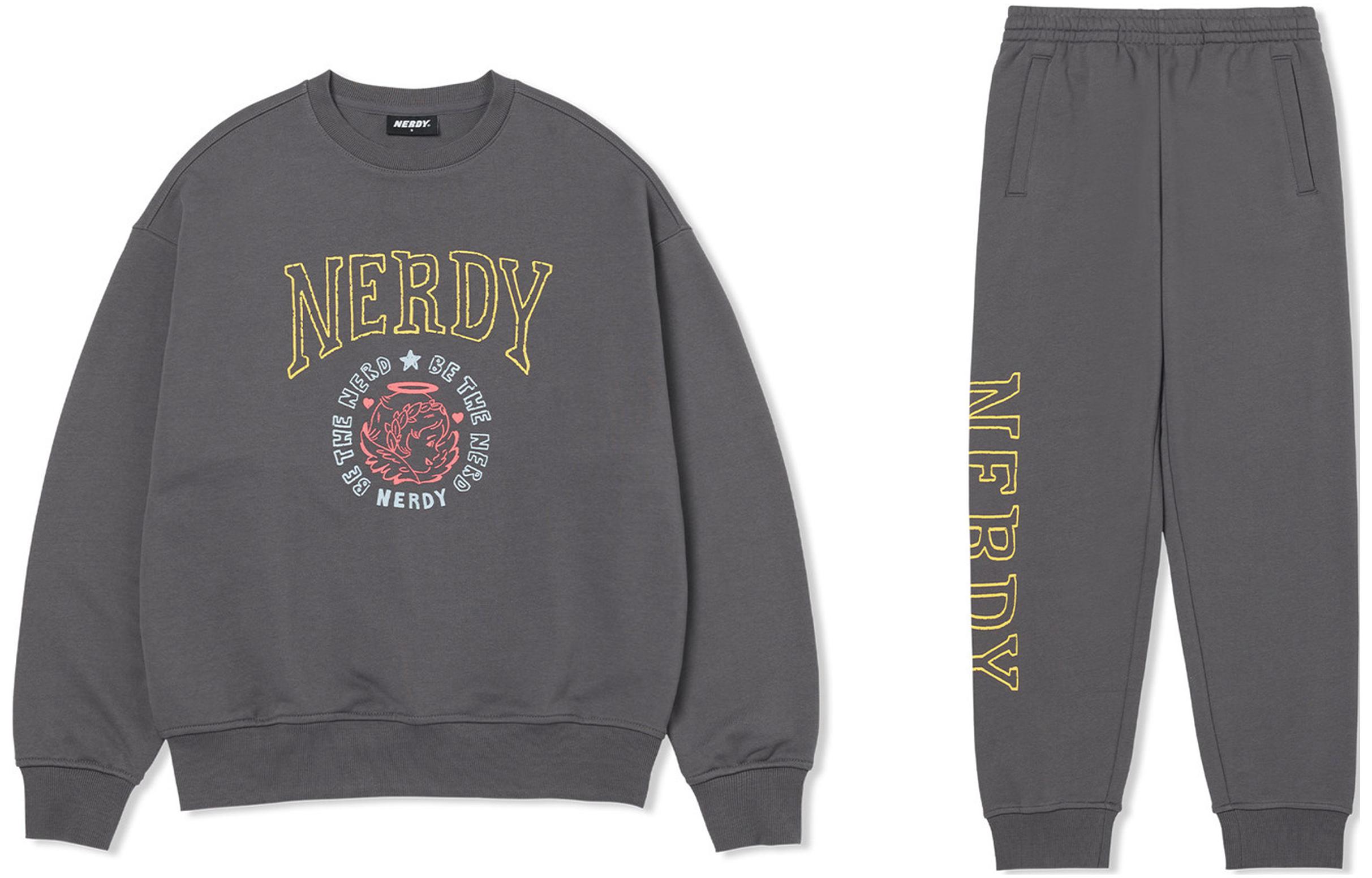Nerdy FW22 Logo Print Grey Long-Sleeve Sweatshirt & Pants Set Casual Wear KNEKRA3934