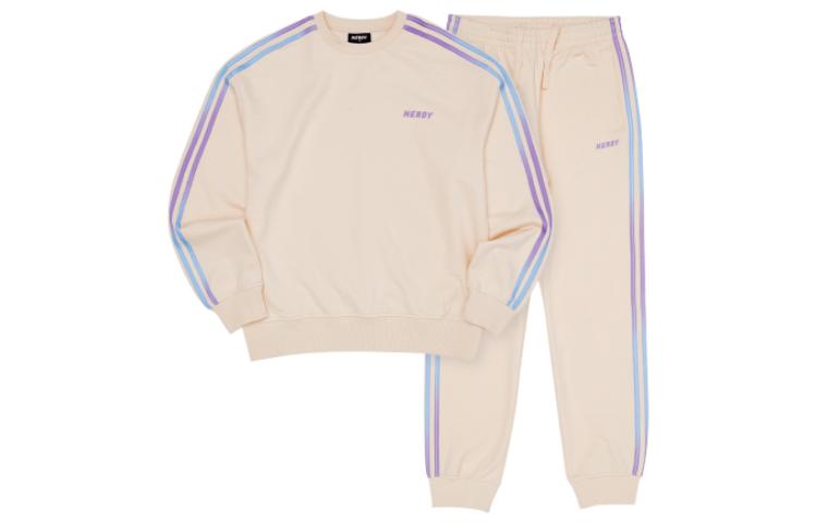Nerdy Gradient Stripe Crewneck Sweatshirt & Track Pants Cream Unisex Set. KNEKRA344-C25