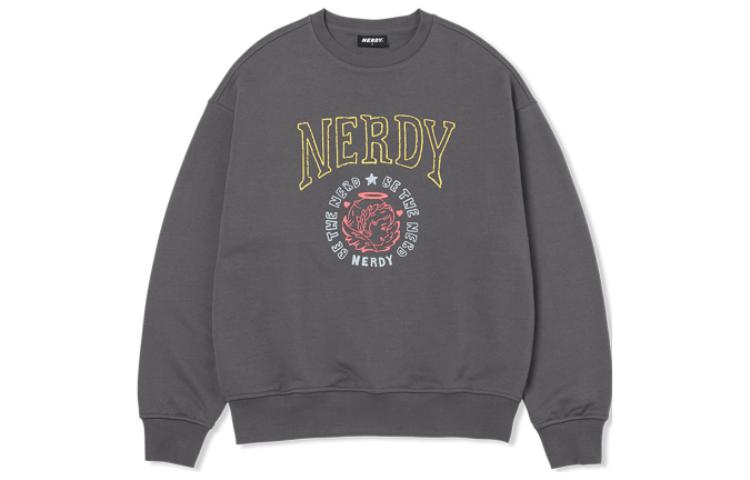 Nerdy Letter Print Crewneck Pullover Sweatshirt Unisex Gray PNEF22KC1320
