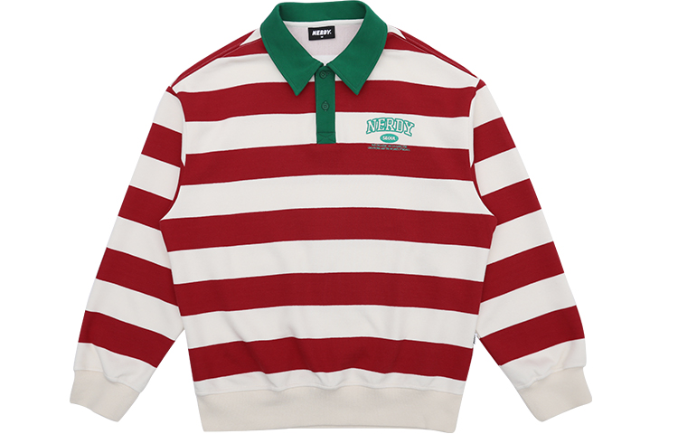 Nerdy Small Logo Embroidered Striped Polo Sweatshirt Red/White Unisex. PNEC23KT0107