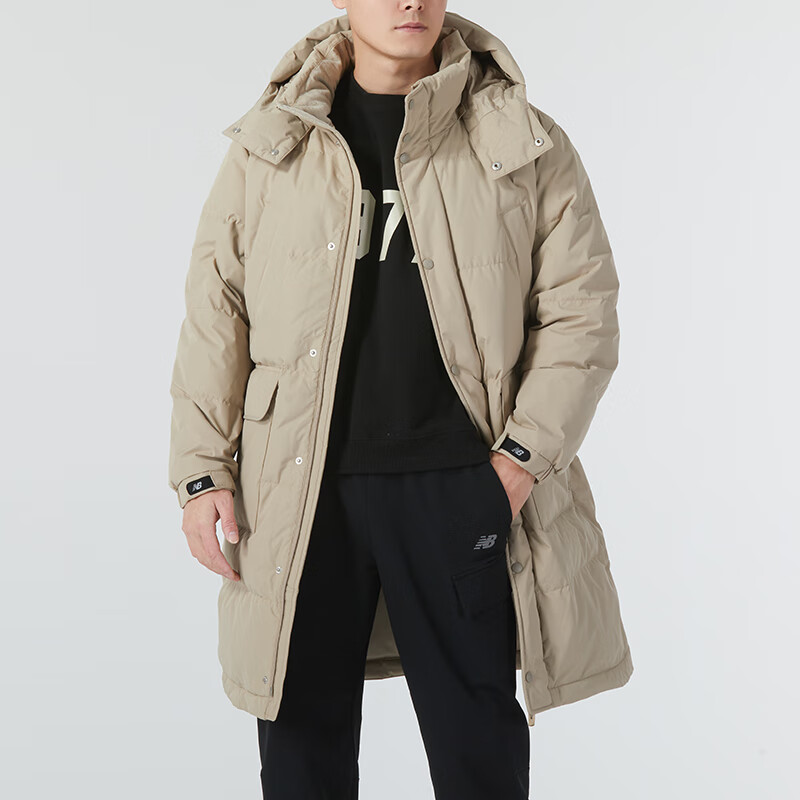 Sizing New Balance Beige Chaqueta Larga Casual con Capucha Cortavientos para Exterior. NPD4E241-LBE