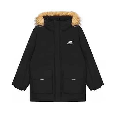 New Balance Black Down Jacket with Logo Print and Hooded Design. AMJ23355-BK