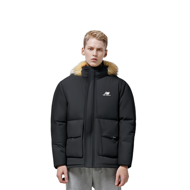 Shop New Balance  Black Down Jacket with Logo Print and Hooded Design. AMJ23355-BK