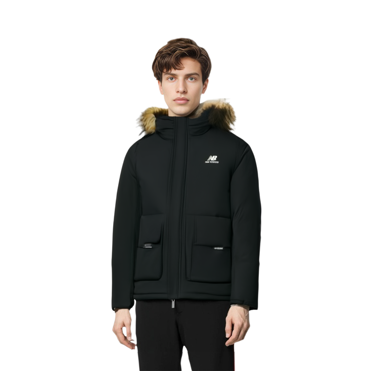 Purchase New Balance  Black Down Jacket with Logo Print and Hooded Design. AMJ23355-BK