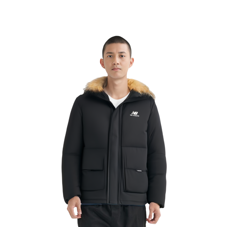Details for New Balance  Black Down Jacket with Logo Print and Hooded Design. AMJ23355-BK