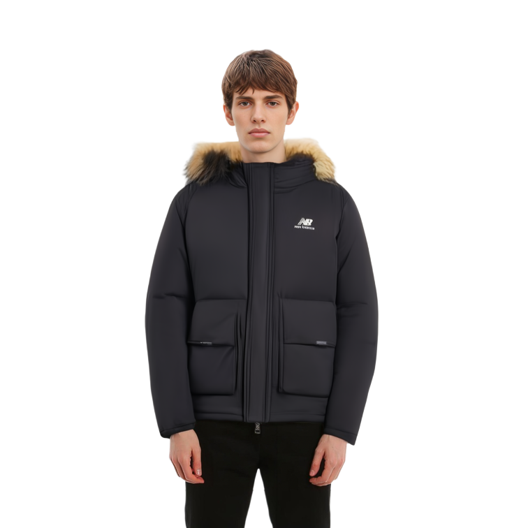 Sizing New Balance  Black Down Jacket with Logo Print and Hooded Design. AMJ23355-BK