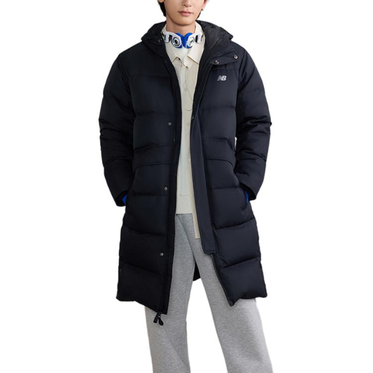Shop New Balance  Black Long Hooded Down Jacket with Zipper. AMJ43355-BK