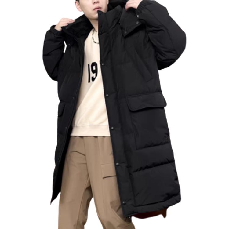 Shop New Balance 黑色連帽拉鍊長版羽絨外套 休閒穿搭 NPD4E241-BK