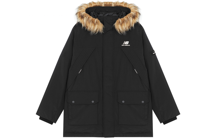 New Balance  Black Mid-Length Down Jacket with Fur Collar - Winter Style. AMJ14304-BK