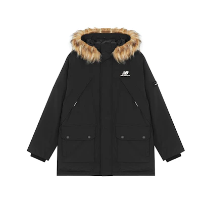 New Balance Black Mid-Length Down Jacket with Fur Collar - Winter Style. AMJ14304-BK
