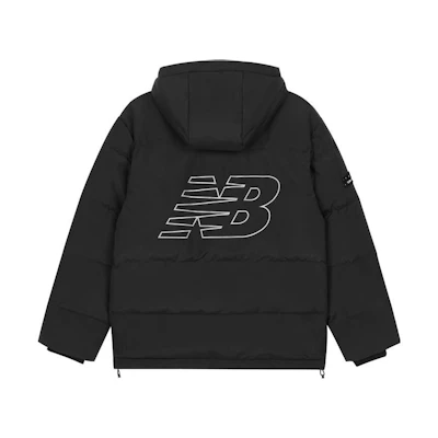 New Balance Black Mid-Length Hooded Down Jacket with Back Logo. AMJ33339-BK