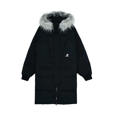 New Balance Black Puffer Jacket with Logo Print and Zip-up Hood. AMJ24374-BK