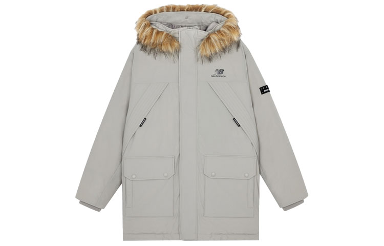 New Balance  Light Grey Logo Print Fur Hooded Down Jacket Winter Edition. AMJ14304-ARF