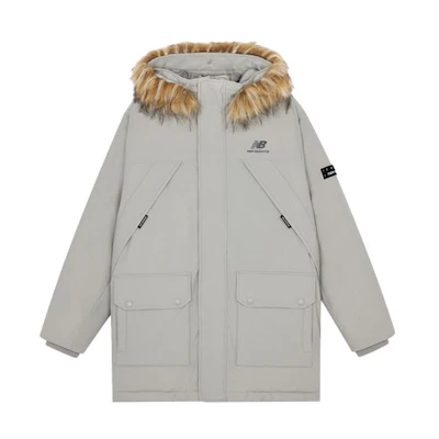 New Balance Light Grey Logo Print Fur Hooded Down Jacket Winter Edition. AMJ14304-ARF