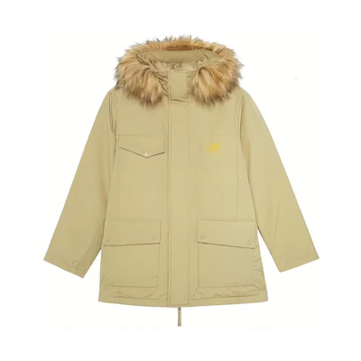 New Balance Logo Print Hidden Zip Hooded Puffer Jacket - Khaki. AMJ23371-KH