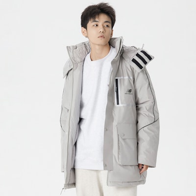 New Balance Logo Printed Puffer Jacket - Grey. AMJ14320-ARF Details for New Balance Logo Printed Puffer Jacket - Grey. AMJ14320-ARF