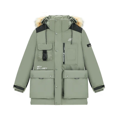 New Balance Logo Printed Puffer Jacket with Fur Collar in Dark Olive Green AMJ14300-OLG