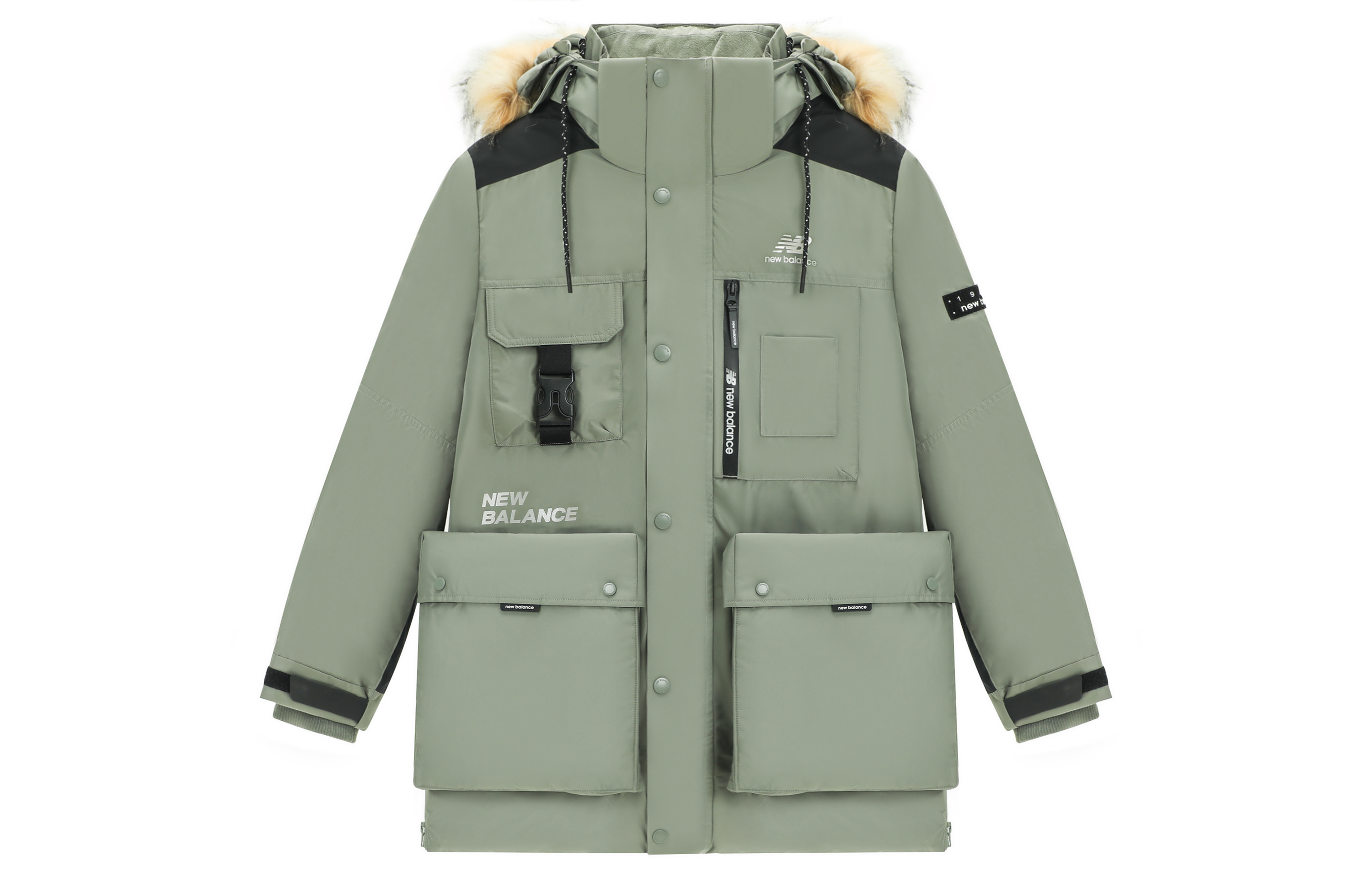 Order New Balance  Logo Printed Puffer Jacket with Fur Collar in Dark Olive Green AMJ14300-OLG