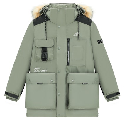 New Balance Logo Printed Puffer Jacket with Fur Collar in Dark Olive Green AMJ14300-OLG Order New Balance Logo Printed Puffer Jacket with Fur Collar in Dark Olive Green AMJ14300-OLG