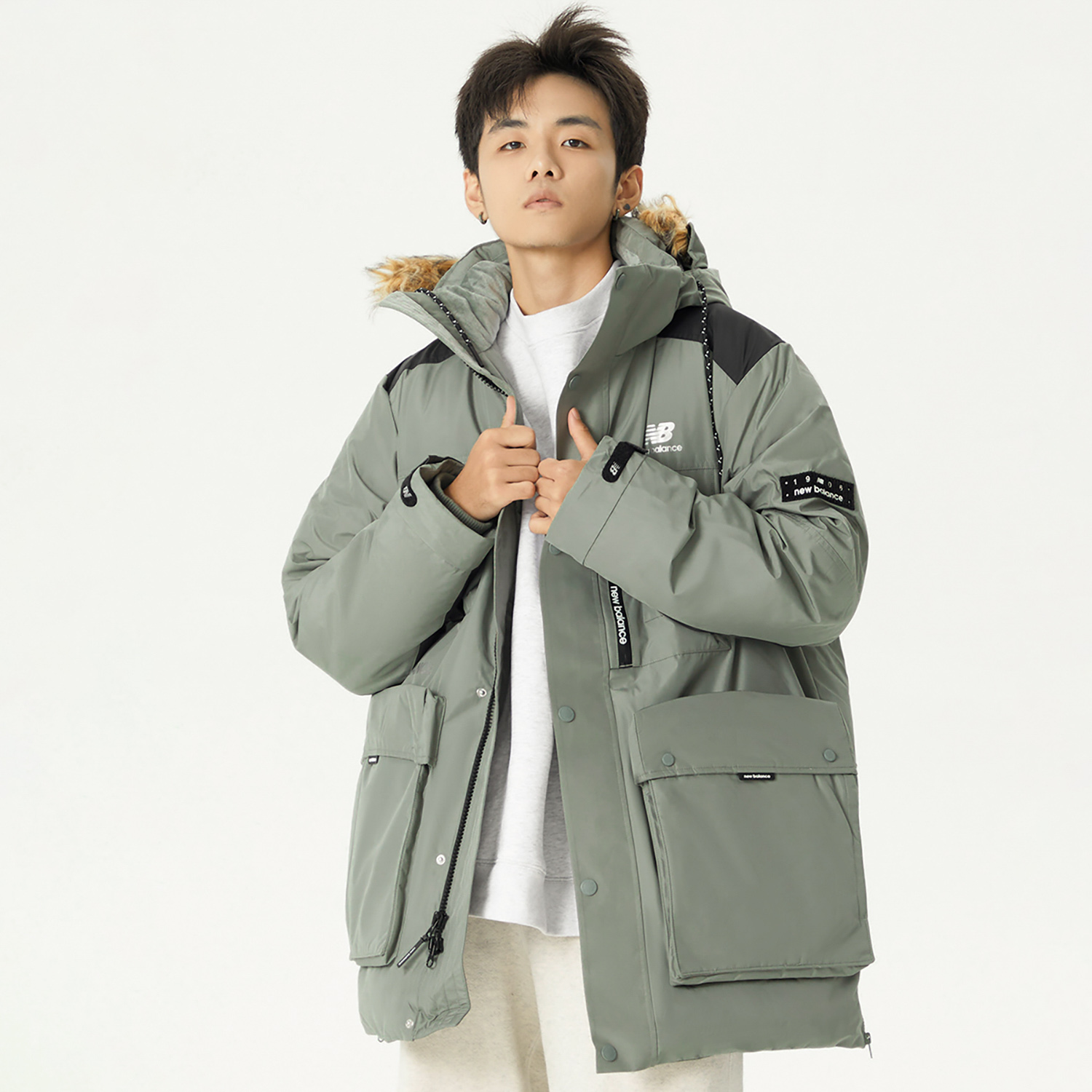 Purchase New Balance  Logo Printed Puffer Jacket with Fur Collar in Dark Olive Green AMJ14300-OLG