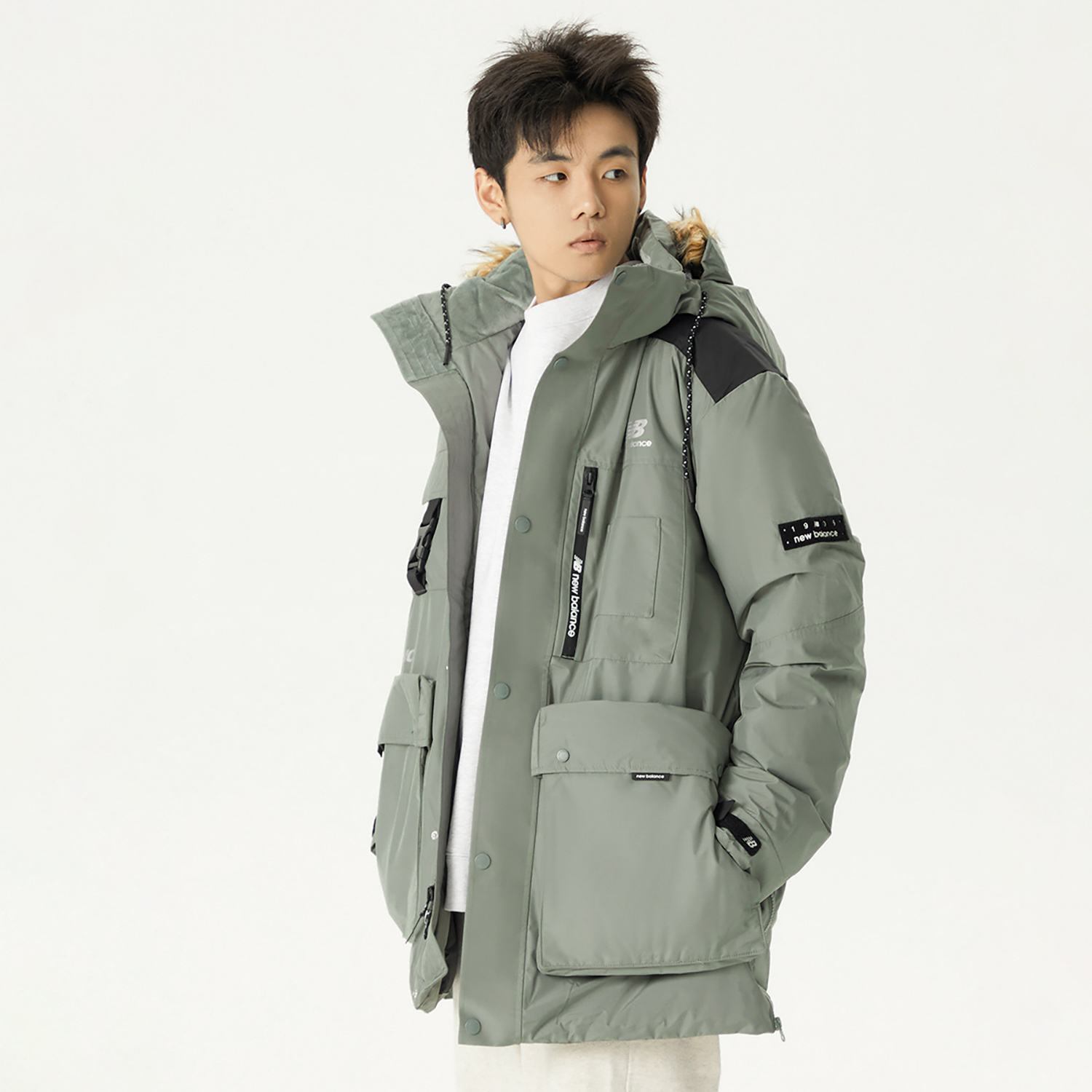 Details for New Balance  Logo Printed Puffer Jacket with Fur Collar in Dark Olive Green AMJ14300-OLG