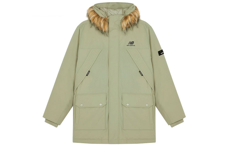 New Balance  Mid-Length Parka with Fur Hood in Olive Green. AMJ14304-SP4