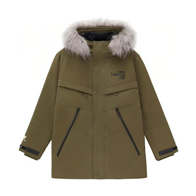 New Balance Military Green Embroidered Logo Hooded Down Parka Jacket. AMJ24373-DMO
