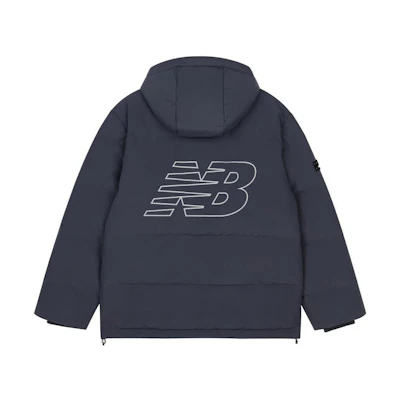 New Balance Navy Long Hooded Puffer Jacket with Back Logo Print. AMJ33339-ECL