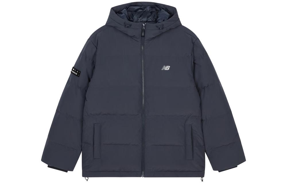 Lookbook New Balance  Navy Long Hooded Puffer Jacket with Back Logo Print. AMJ33339-ECL