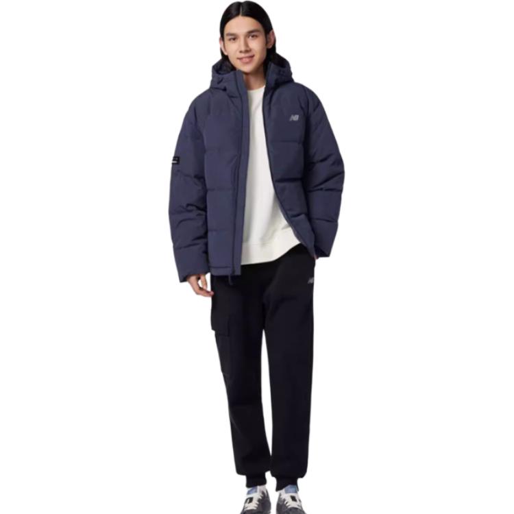 Shop New Balance  Navy Long Hooded Puffer Jacket with Back Logo Print. AMJ33339-ECL