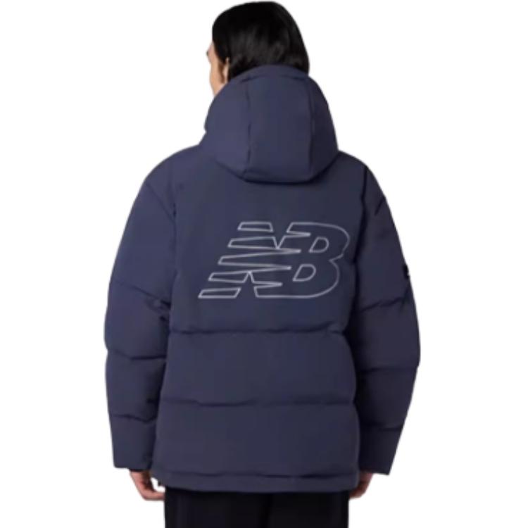 Purchase New Balance  Navy Long Hooded Puffer Jacket with Back Logo Print. AMJ33339-ECL
