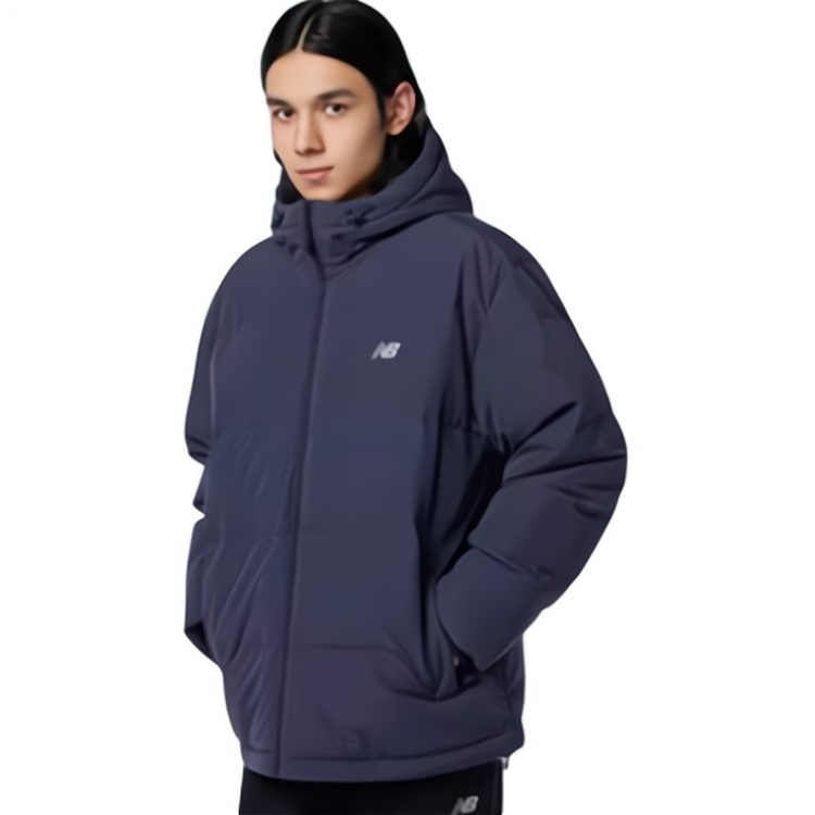 Details for New Balance  Navy Long Hooded Puffer Jacket with Back Logo Print. AMJ33339-ECL