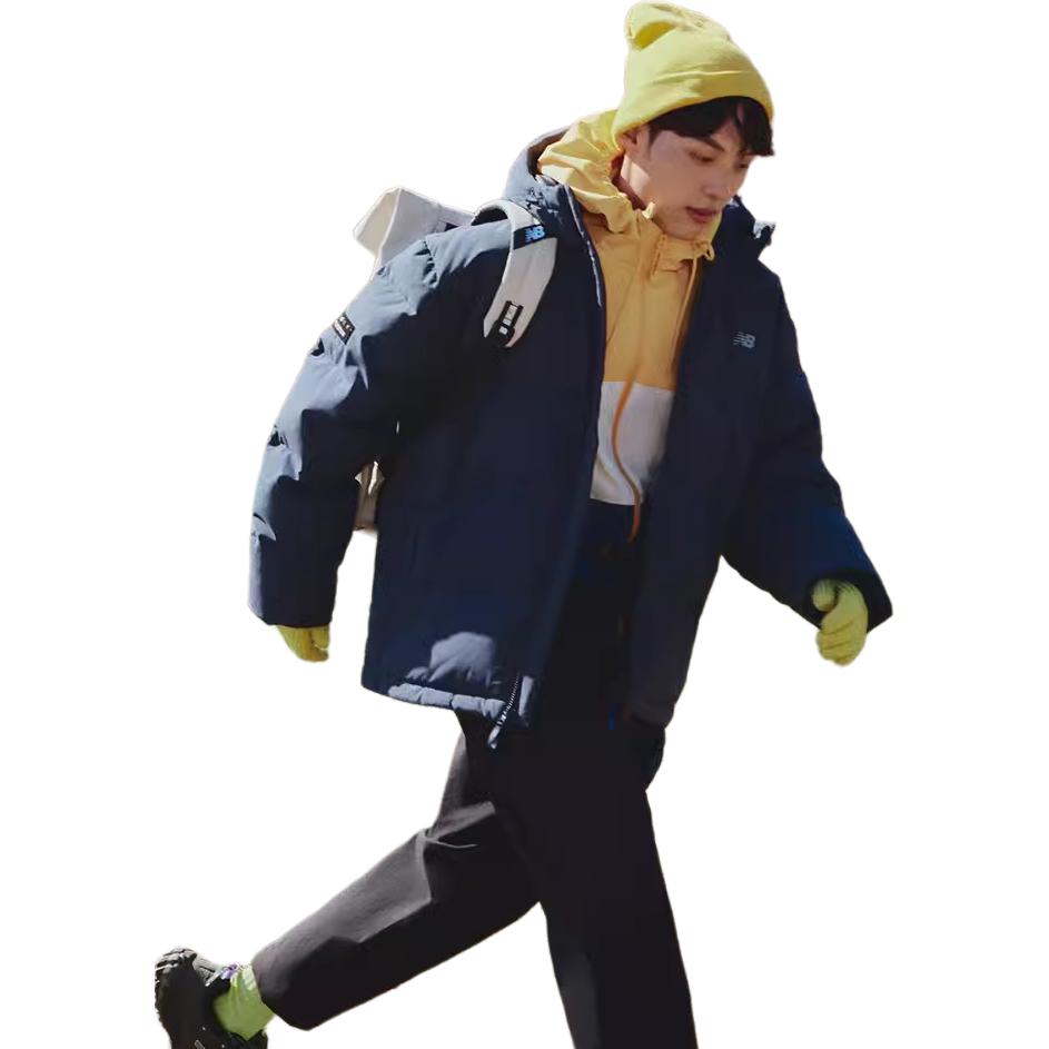 Sizing New Balance  Navy Long Hooded Puffer Jacket with Back Logo Print. AMJ33339-ECL