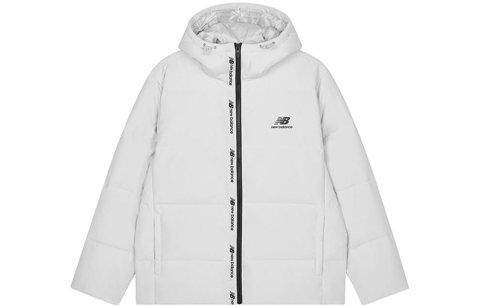 Buy New Balance  White Puffer Jacket with Solid Logo Print and Zipper Hood. AMJ23343-GYM