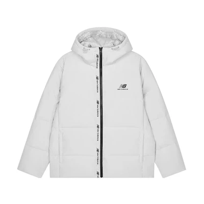 New Balance White Puffer Jacket with Solid Logo Print and Zipper Hood. AMJ23343-GYM